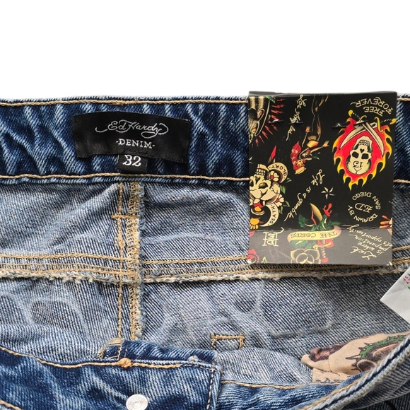 NWT Ed Hardy Women's 32 Baggy Jeans Y2K Painted Tattoo Heart Koi Graphic Denim - Picture 6 of 12